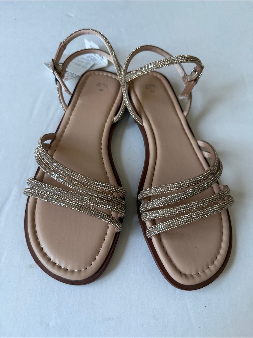 NEW!!! Girl Zara Beige and Gold Rhinestone Strap Flat Sandals